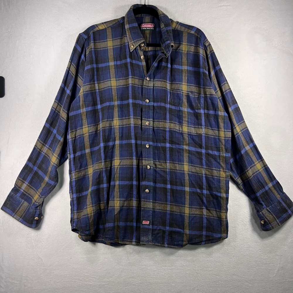 Coleman Plaid Flannel‎ Shirt Blue Yellow Plaid Long Sleeve Button Up Men's Large